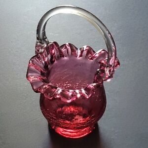 5 5/8" Crackle Cranberry Pink Crimped Ruffled Rim Clear Applied Handle Fenton